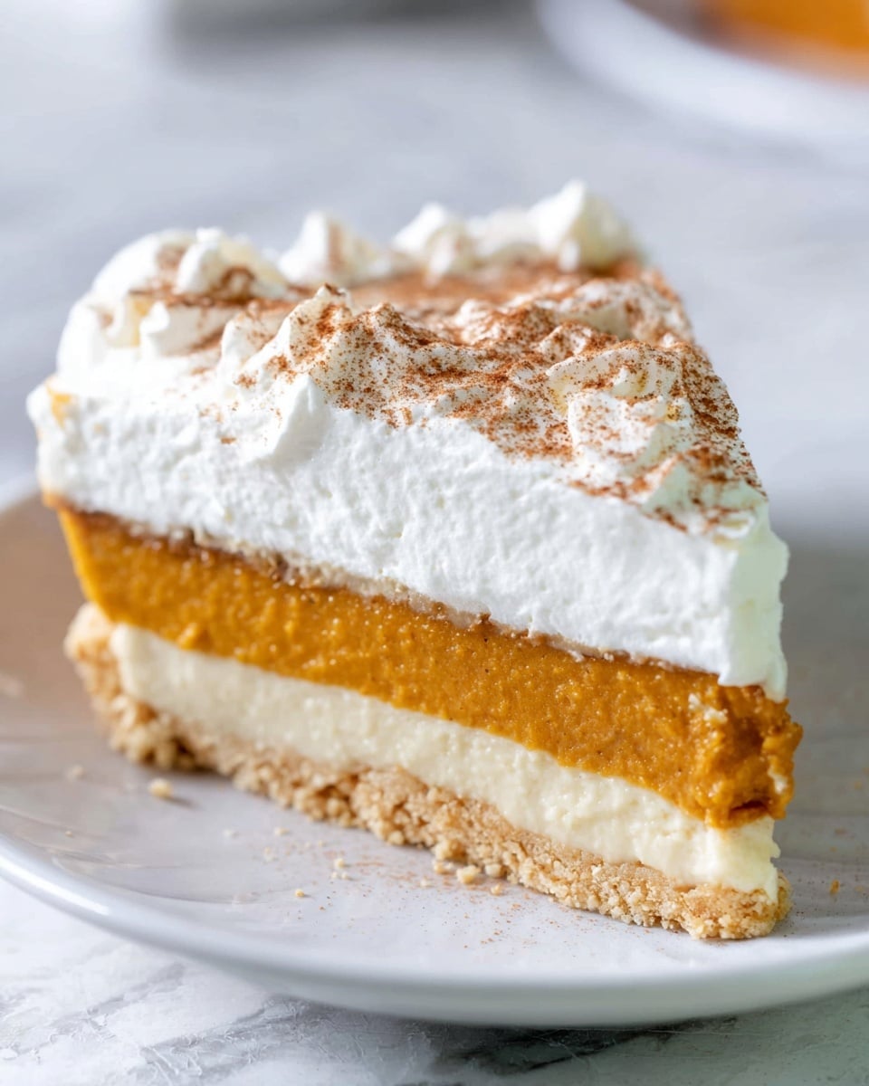 Das Bild zeigt einen Kuchen in einer runden Folienpfanne, bei dem eine Scheibe fehlt. Der Kuchen besteht aus drei Schichten: einem hellbraunen, krümeligen Boden, einer glatten mittleren Schicht Karamellbraun und einem dicken weißen Schlagsahnebelag, der mit Zimt bestreut ist. Zwei Stücke desselben Kuchens werden auf separate weiße Teller gelegt, wobei jede Scheibe die drei verschiedenen Schichten zeigt und mit Zimt bestäubt wird. Die Platten ruhen auf einer weiß marmorierten Oberfläche mit einem gefalteten blau-rot karierten Tuch in der Nähe, und drei glänzende Metallgabeln liegen nahe an einer Platte. Foto aufgenommen mit einem iPhone --AR 4:5 --V 7
