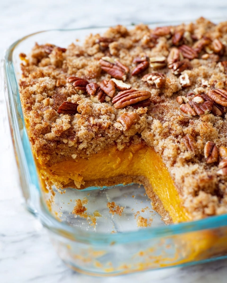 The image shows a slice taken out from a square dessert in a clear glass baking dish. The dessert has two main layers: the bottom layer is thick, smooth, and light orange in color, resembling a pumpkin base, while the top layer is a crumbly, golden-brown streusel with many pieces of pecan nuts spread evenly across it. The texture of the top layer looks crunchy and buttery, contrasting with the soft, dense bottom layer. The glass dish sits on a white marbled surface, and a woman's hand is partially visible at the dish's edge. Photo taken with an iphone --ar 4:5 --v 7