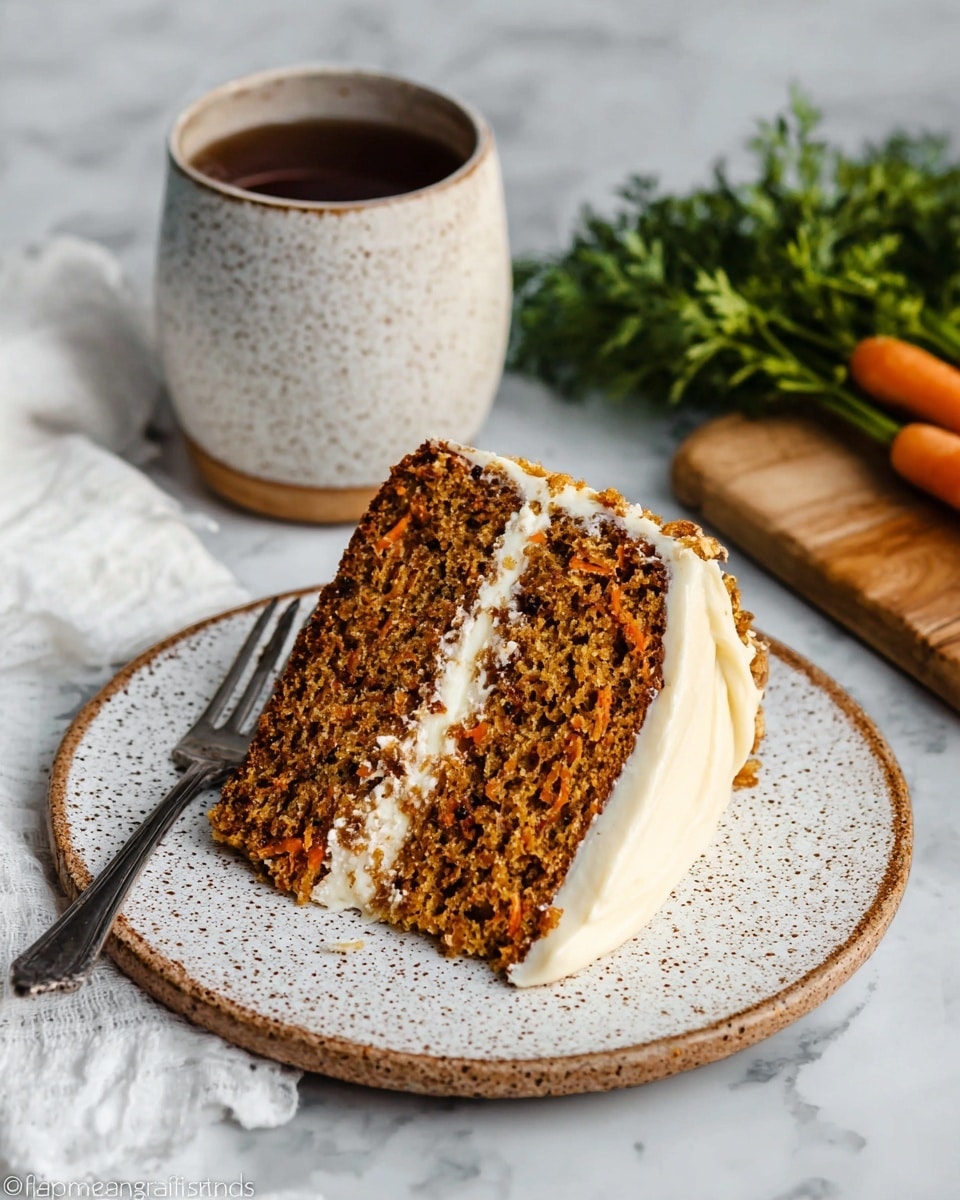 A slice of two-layer carrot cake sits on a white speckled plate, placed over another larger white speckled plate. The cake layers are brown with visible small carrot bits and a moist texture. Between the layers is a thick spread of light cream-colored frosting, and more frosting is spread along the right side of the cake. The plates rest on a white wooden surface with a sprig of green carrot leaves visible to the right. A dark metal fork and a white cloth napkin are on the left side, and a white speckled mug filled with dark tea is positioned behind the plates. Photo taken with an iphone --ar 4:5 --v 7