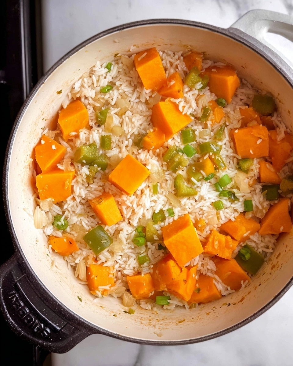 The image shows a white cooking pot filled with a mix of cubed orange vegetables, likely pumpkin or squash, white rice, and pieces of green bell pepper and onions. The orange cubes are scattered evenly throughout the pot, while the rice fills gaps around them, creating a layered texture. The green ingredient pieces and white onions are mixed in on top and between the orange cubes, adding a pop of color and a rough, chopped texture. The pot sits on a black stove against a white marbled surface. Photo taken with an iphone --ar 4:5 --v 7