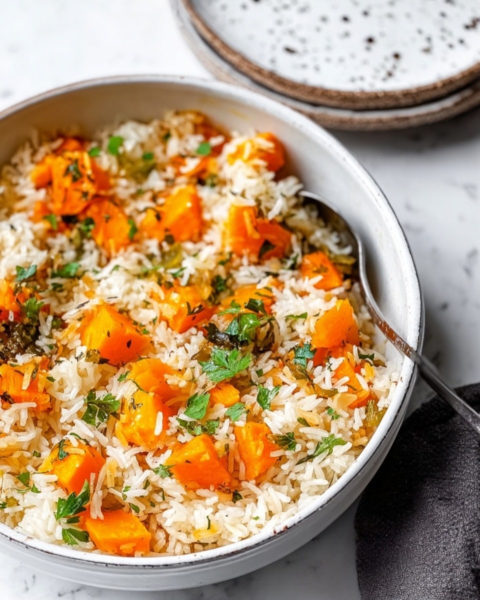 A close-up photo shows a white pot filled with cooked rice mixed with bright orange chunks of soft squash, pieces of green herbs scattered on top, and small bits of green vegetables mixed inside. A silver spoon rests in the pot, partially submerged in the rice. The pot sits on a white marbled surface, and the colors of the rice, squash, and herbs create a warm and fresh look. photo taken with an iphone --ar 4:5 --v 7