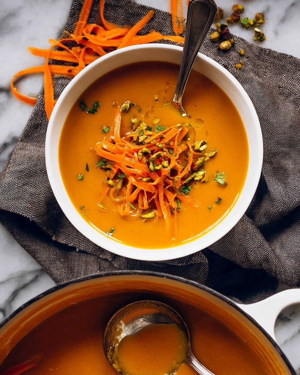 A bowl of smooth orange soup fills most of the white bowl, with thin orange strips and small chopped green nuts sprinkled on top in the center, and some green herbs adding a bit of color scattered over the toppings. A silver spoon rests on the right side inside the bowl. Below the bowl, a white pot filled with the same orange soup sits with some soup on the pot’s edge, all placed on a grey cloth over a white marbled surface. Photo taken with an iphone --ar 4:5 --v 7