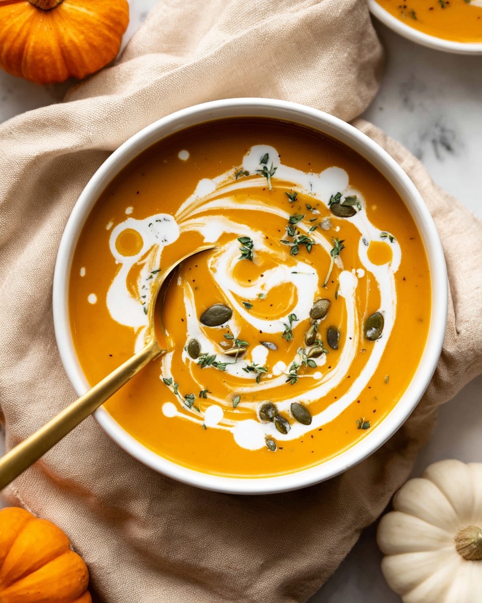 A white bowl filled with smooth, thick pumpkin soup that is deep orange in color. The soup is decorated with thin, white cream swirls and drops spread unevenly on the surface. Small green herb pieces and some pumpkin seeds are sprinkled across the top, adding texture and color contrast. A gold spoon rests inside the bowl at the bottom left edge. The bowl is placed on a beige cloth on a white marbled surface, with two small white bowls of cream and a small orange pumpkin partially visible nearby. photo taken with an iphone --ar 4:5 --v 7