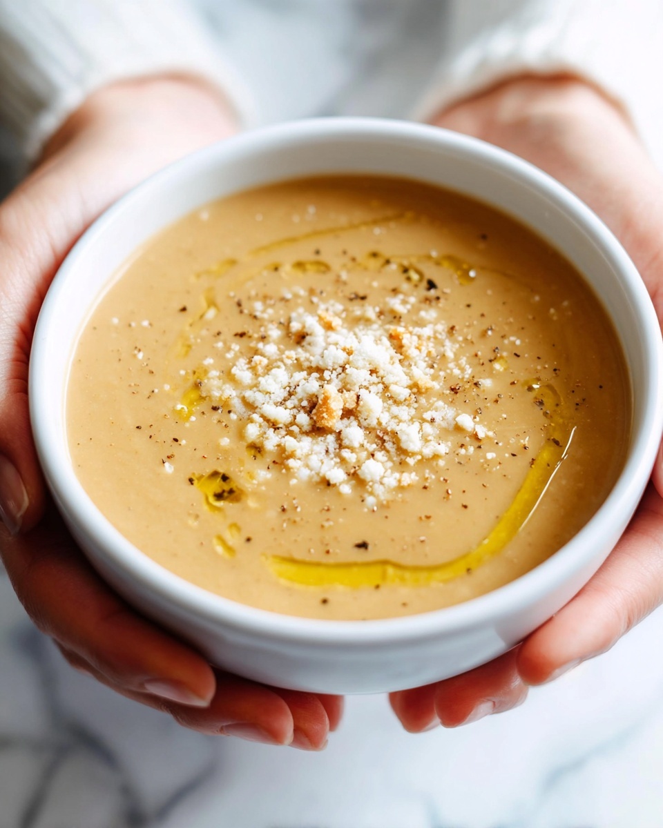 A white bowl is held by a pair of hands, filled with a thick, creamy light tan soup. The soup is topped with a layer of finely grated pale yellow cheese, scattered around the center, with small pools of golden olive oil drizzled over it. There are specks of black pepper sprinkled evenly on top, creating a slight contrast. The texture of the soup looks smooth and rich, while the toppings add a grainy visual effect. The background features a soft white marbled texture, keeping the focus on the bowl. photo taken with an iphone --ar 4:5 --v 7