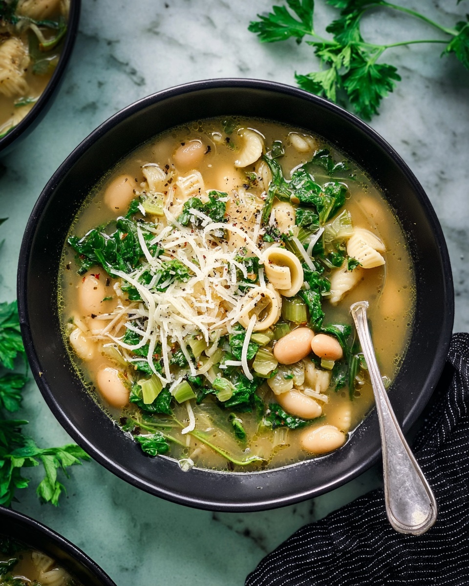 A black bowl holds a creamy soup filled with several layers: pale yellow broth as the base, white beans and small shell pasta scattered throughout, tender green spinach leaves floating on top, and light green celery slices mixed in. The soup is garnished with thin white shredded cheese and fresh green parsley leaves, sprinkled with coarse black pepper. A dark spoon rests inside the bowl on the left side. The bowl sits on a green surface with a blurred white pot in the background. Photo taken with an iphone --ar 4:5 --v 7