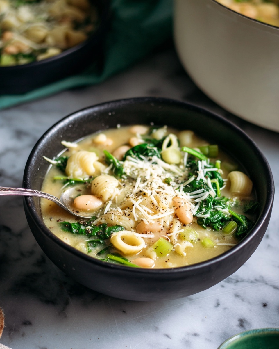 Two black bowls on a white marbled surface hold a thick soup with several layers. The bottom layer is a light yellow broth filled with small beige beans and pasta shells. Green spinach leaves and pieces of celery float throughout. On top, there are light green parsley leaves and a sprinkle of thin white cheese shreds with cracked black pepper. Near the bowls, a black spoon lies next to a small dark bowl with ground pepper, and small parsley sprigs are scattered on the surface. Photo taken with an iphone --ar 4:5 --v 7