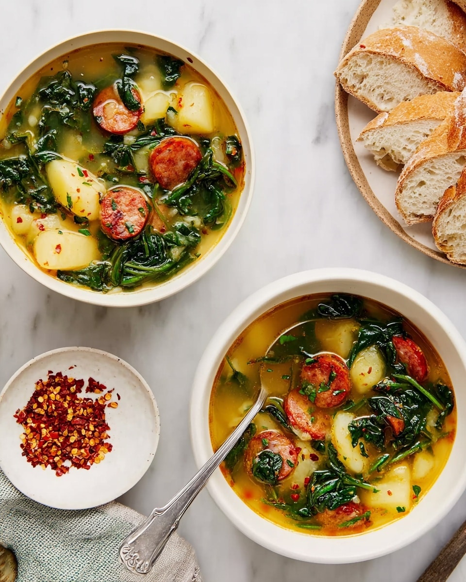 The image shows two bowls of soup on a white marbled surface. Each bowl contains a clear broth with large pieces of white potatoes, dark green leafy greens, and reddish slices of sausage. The soup looks warm and simple, with the ingredients floating in the broth. Near the bowls, there is a small white plate with red chili flakes and a white cup with milk, along with a wooden bowl holding two slices of light brown bread. A spoon rests in one bowl, and a metal spoon lies on the surface between the bowls. Photo taken with an iphone --ar 4:5 --v 7