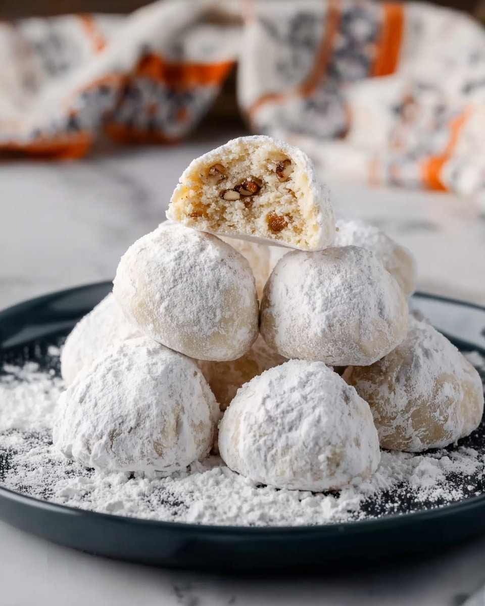 A small stack of round powdered sugar cookies sits on a white plate layered over a bigger dark gray plate, all set on a white marbled surface. The cookies are covered in white powdered sugar, giving them a soft, powdery texture. One cookie is broken in half and resting on top, showing an inside layer filled with light brown bits, slightly crumbly and nutty. A white napkin with a black and gray floral pattern sits blurred in the background. Photo taken with an iphone --ar 4:5 --v 7