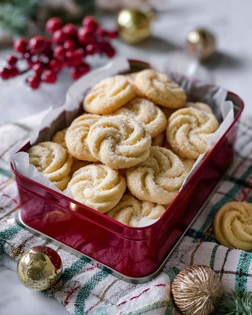 A red rectangular tin lined with white parchment paper holds about a dozen round, swirled butter cookies that are light golden in color with a slightly textured surface from sugar sprinkles. The cookies are stacked unevenly inside the tin, which is placed on a white and green checkered cloth over a white marbled surface. Around the tin, there are festive decorations including a gold Christmas ornament in the bottom right corner and blurred red berries with green leaves in the background. Photo taken with an iphone --ar 4:5 --v 7