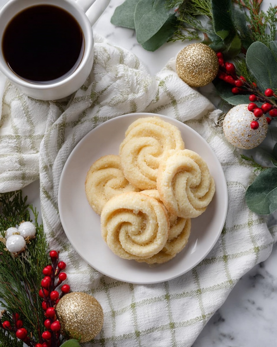 A white plate holds four light golden swirled cookies with a slightly crumbly texture, stacked casually with one cookie showing a small bite taken out. The plate rests on a white marbled surface draped with a white cloth featuring dark green grid lines. Around the plate, there are several Christmas ornaments in gold and white with a glittery finish, and red berry clusters mixed with green pine leaves, creating a festive mood. To the left side, a white cup filled with dark coffee is partially visible. The photo taken with an iphone --ar 4:5 --v 7
