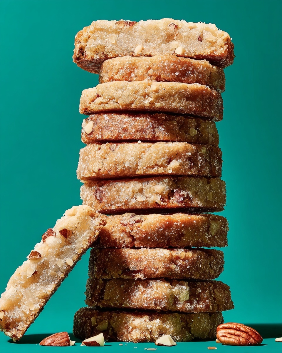 A tall stack of eight thick cookie-like layers with a golden-brown texture studded with small nut pieces and large sugar crystals on the surface, making it look crunchy and sweet. One layer leans against the stack on the left side, showing the inside with more nut bits. Small nut pieces are scattered at the base on a white marbled surface, and the background is solid green, making the stack stand out. photo taken with an iphone --ar 4:5 --v 7