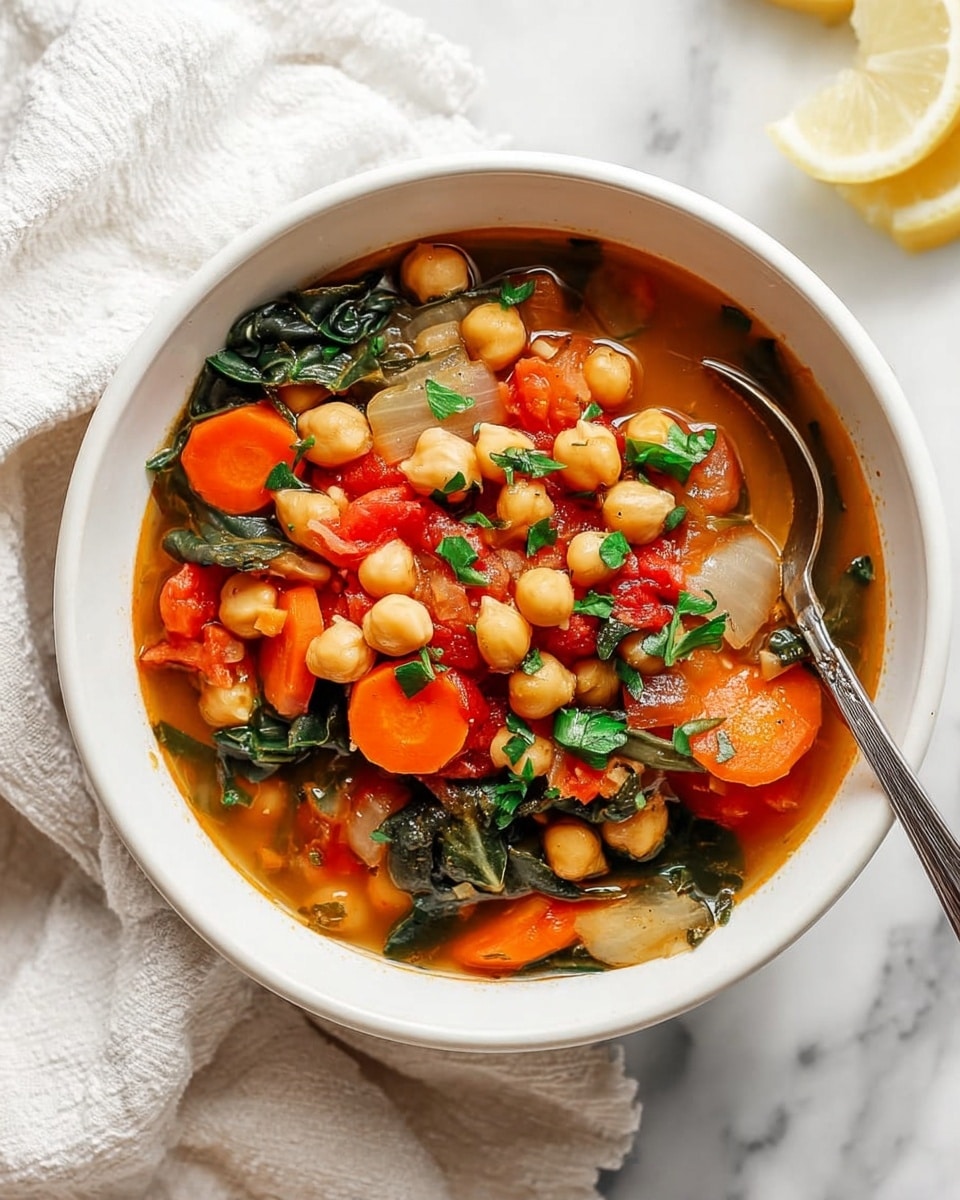 The image shows a close-up of a white bowl filled with a colorful chickpea stew. The base layer has a clear orange-brown broth. On top of the broth are whole chickpeas, bright orange carrot slices, wilted dark green leafy vegetables, chunks of red tomatoes, and pieces of translucent cooked onions. Fresh green parsley leaves are scattered over the dish, adding a fresh touch. The bowl sits on a white marbled surface with a white cloth partly visible next to it. photo taken with an iphone --ar 4:5 --v 7