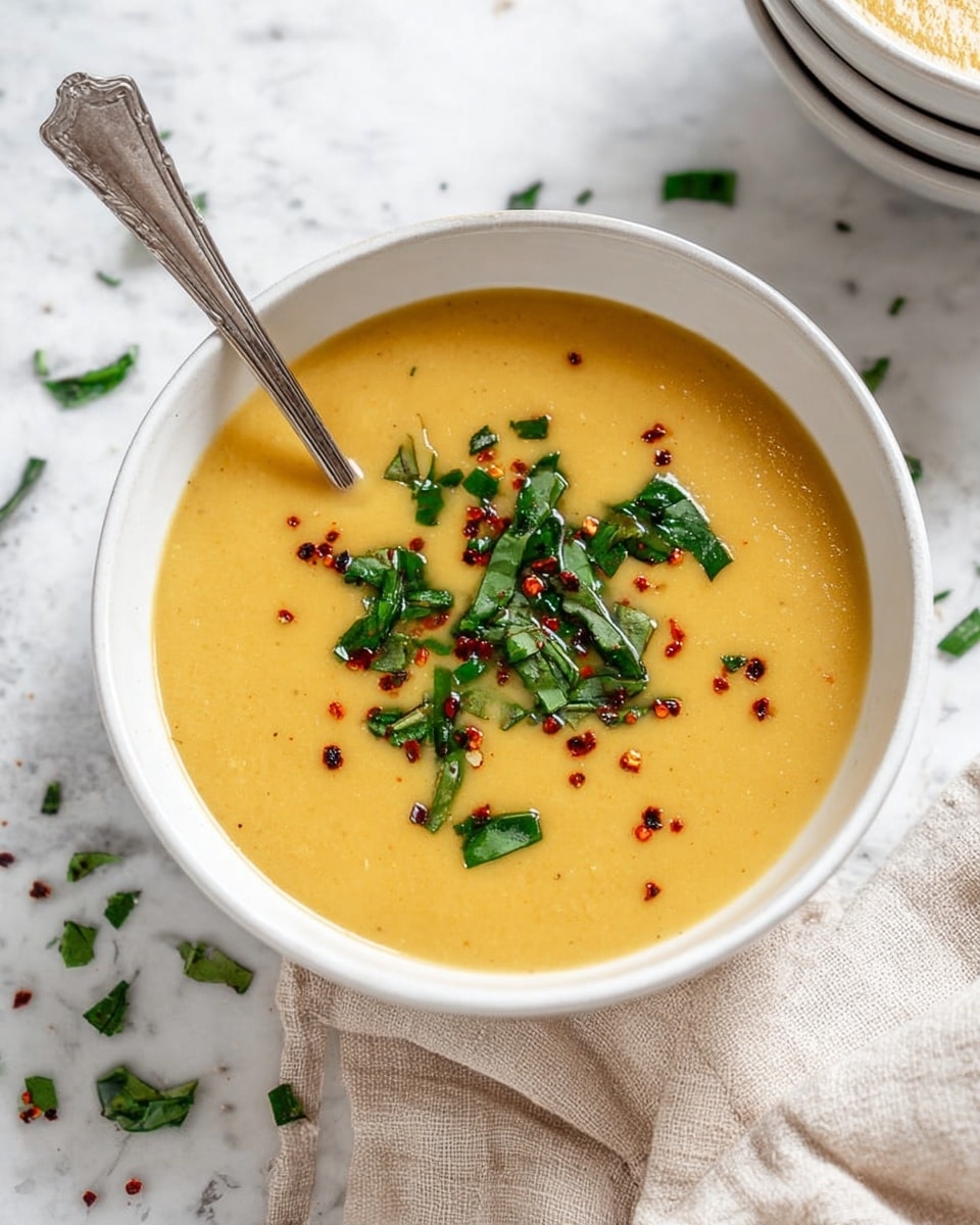 A close-up view of a creamy, smooth soup with a thick texture in a white bowl with a light brown speckled rim, the soup is a warm golden yellow color. There are small green chopped herbs and red chili flakes sprinkled on top, mostly gathered in one spot near the center of the bowl. A spoon with a silver handle is partially submerged in the soup, positioned on the right side of the bowl. The bowl rests on a white marbled surface with some scattered green herb pieces around it. photo taken with an iphone --ar 4:5 --v 7