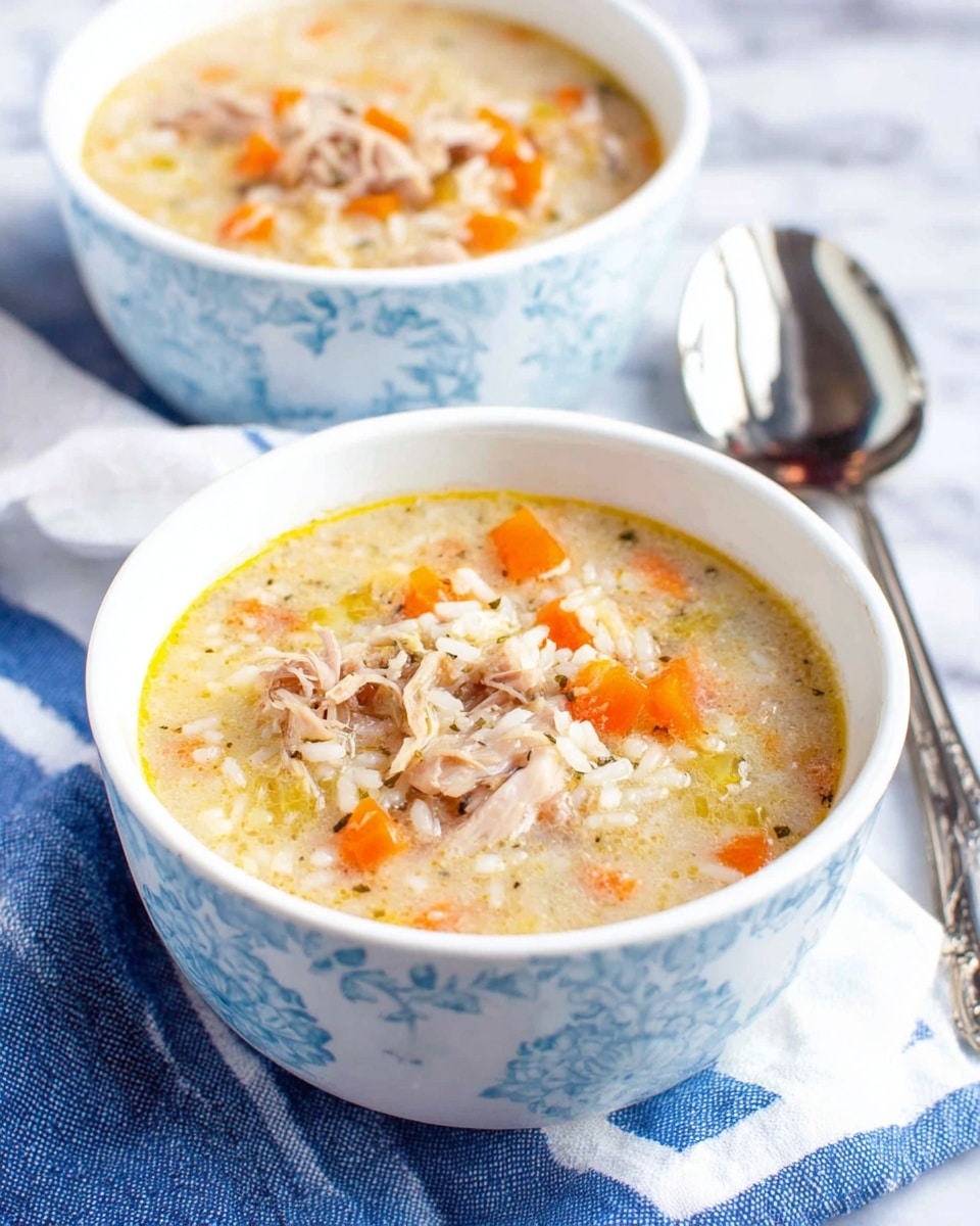 Two white bowls are filled with a light brown soup that has visible layers of shredded pale pink chicken, small diced orange carrots, light yellow potatoes, soft white rice, and specks of black pepper and herbs floating throughout. The soup looks warm and slightly oily on the surface, with a soft texture from the rice and tender pieces of chicken. The bowls sit on a light blue cloth with stripes next to two silver spoons that have reflections. The background is a white marbled surface. Photo taken with an iphone --ar 4:5 --v 7