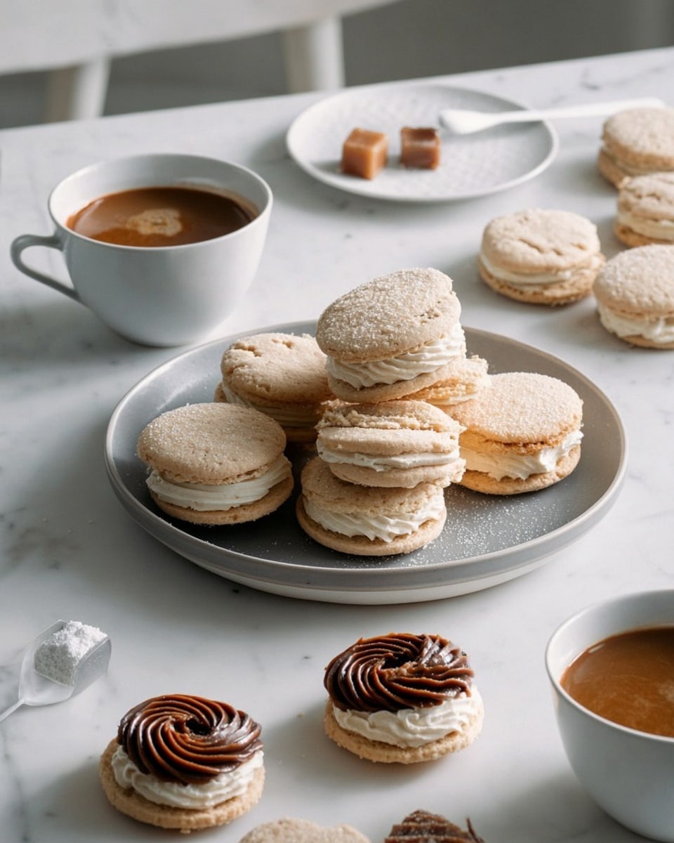 A white plate on a white marbled surface holds about ten round sandwich cookies with light beige, smooth tops and a visible layer of caramel-colored filling in the middle. Around the plate, there are several single cookie halves spread out, each topped with a thick swirl of shiny caramel filling. Two white cups filled with light brown coffee sit nearby on the white marbled surface, one cup placed on a white saucer with two brown sugar cubes. The overall setting is soft and warm with natural light. Photo taken with an iphone --ar 4:5 --v 7