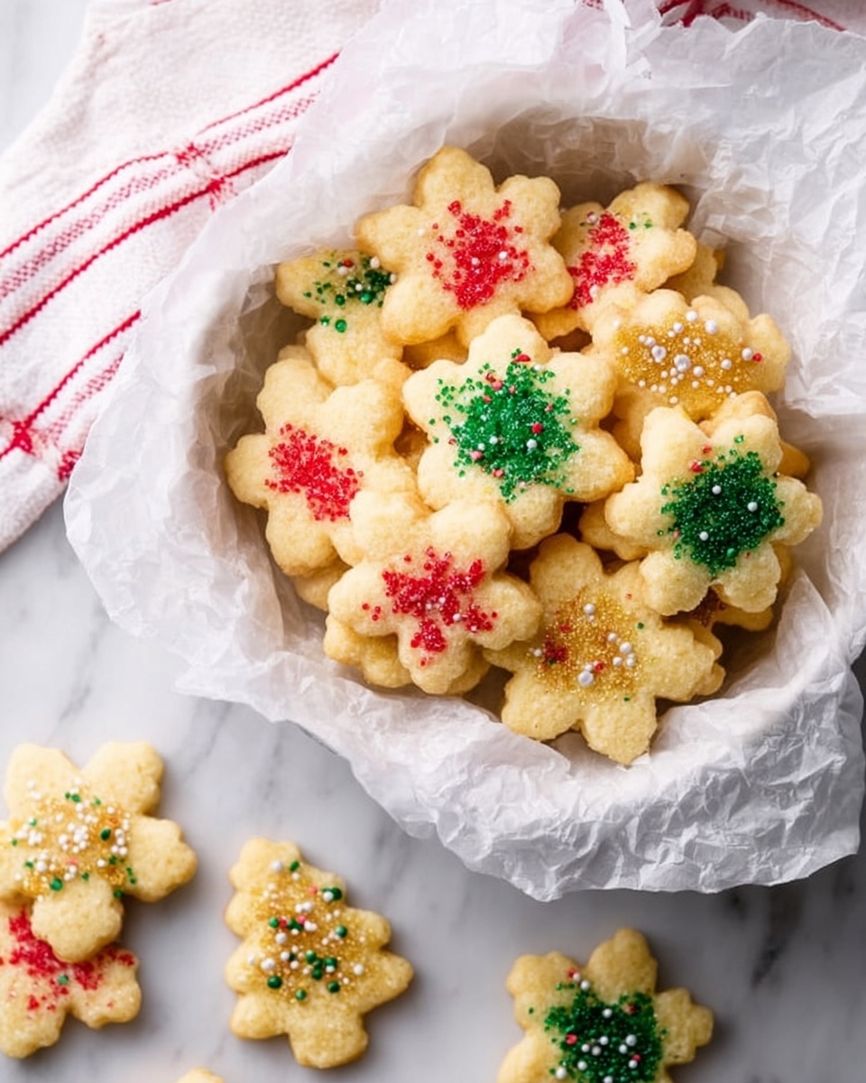 The image shows a silver baking tray holding four rows of raw shaped cookies arranged neatly. The first row has three light yellow teddy bear-shaped cookies, each topped with a sprinkle of white sugar. The second row displays three flower-shaped cookies, sprinkled with red sugar crystals. The third row holds star-shaped cookies with white sugar sprinkled on top. The last row shows tree-shaped cookies covered with green sugar sprinkles. The tray rests on a white marbled texture, with a small part of a white cloth with red stripes visible on the bottom left corner. photo taken with an iphone --ar 4:5 --v 7