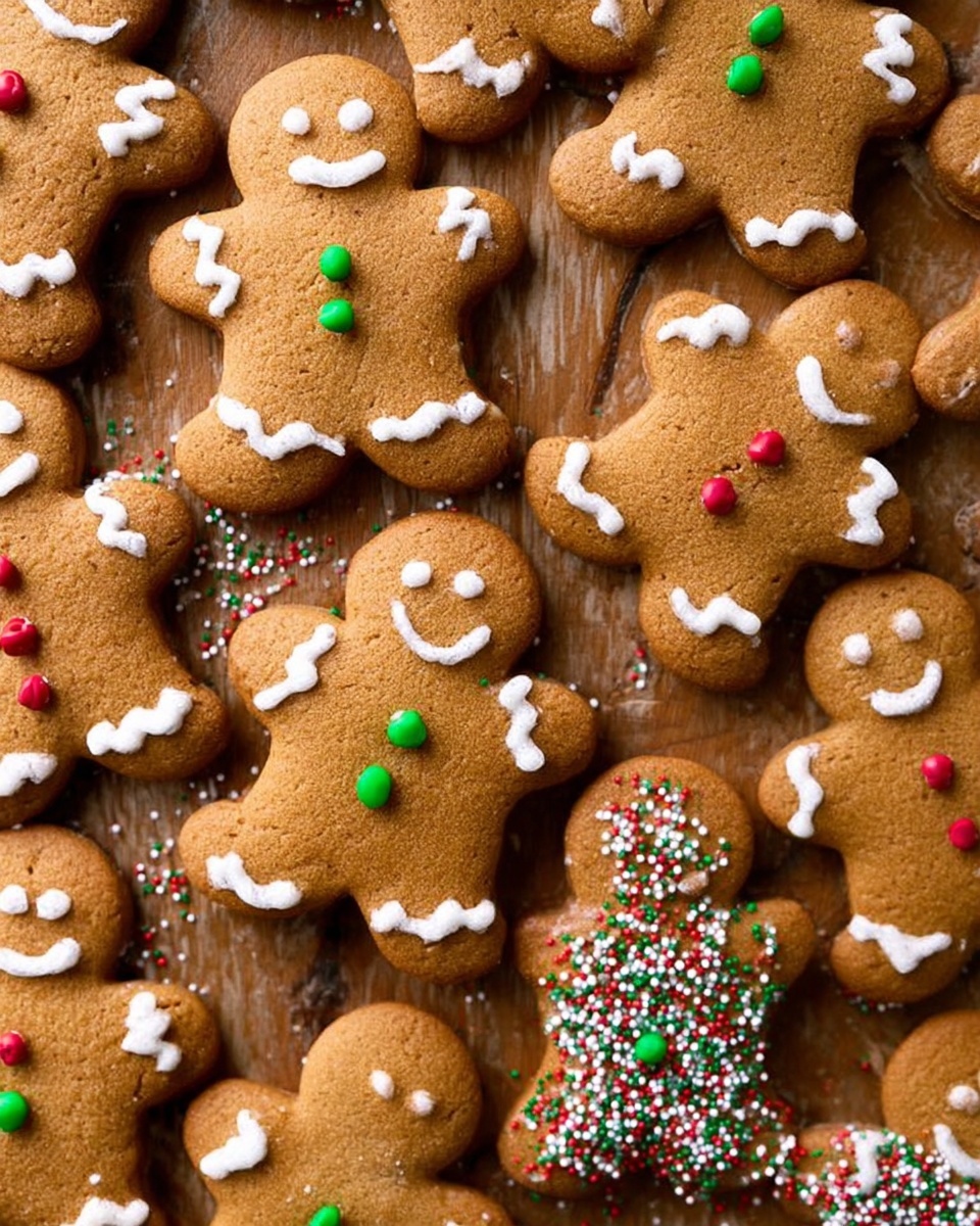 A medium brown gingerbread cookie shaped like a person is being held by two small hands at the bottom sides. The cookie has white icing eyes, a curved smiling mouth, zigzag icing on the arms and legs, and three colorful round candies down the center of its body in blue, red, and yellow. More similar gingerbread cookies are visible blurred in the background on a white marbled surface. photo taken with an iphone --ar 4:5 --v 7