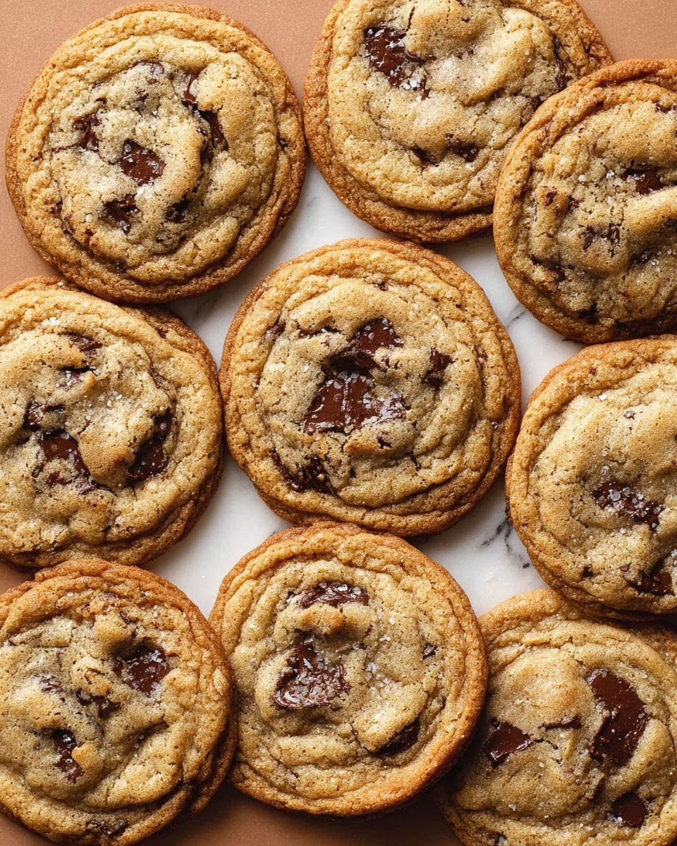 The image shows a close-up of eight round chocolate chip cookies arranged closely together on a white marbled surface. Each cookie has a golden brown color with darker edges and lighter centers, displaying a slightly wrinkled texture. Visible chocolate chunks are scattered unevenly on the top of the cookies, adding dark brown spots to the golden surface. The cookies appear soft and slightly thick, maintaining a uniform size and shape. photo taken with an iphone --ar 4:5 --v 7