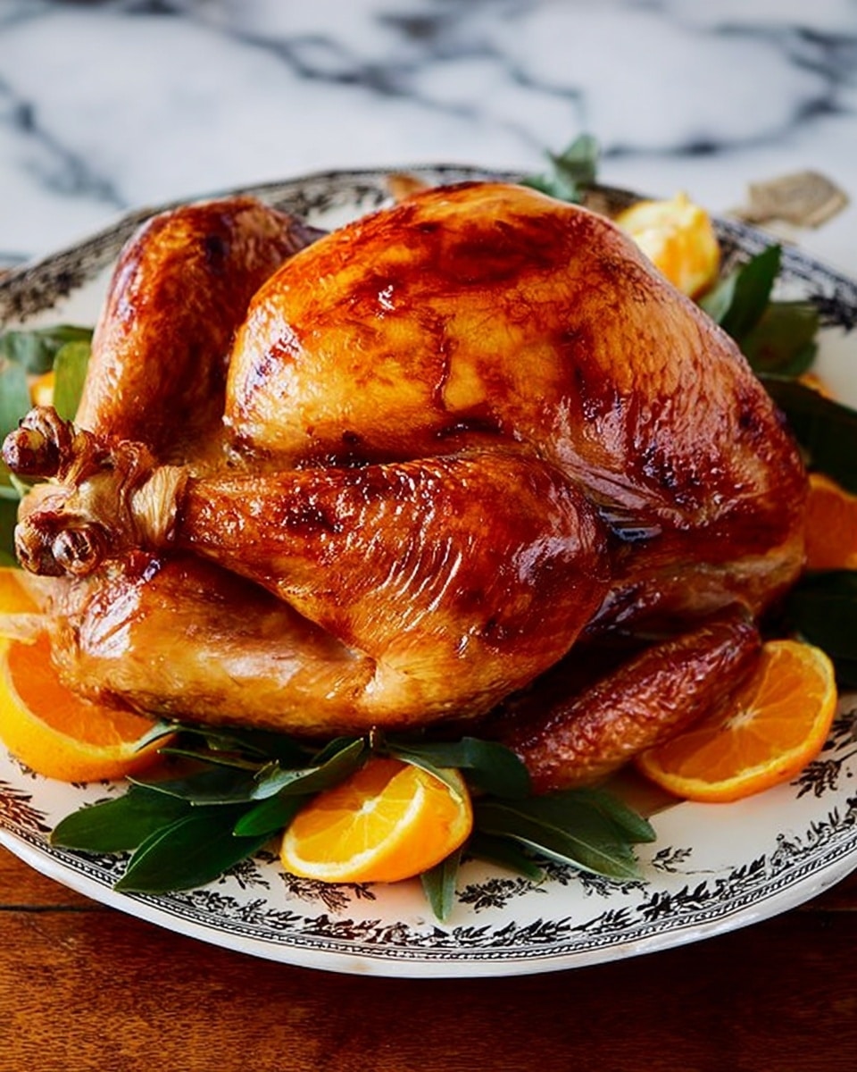 A large, golden-brown roasted turkey with shiny, crispy skin takes up most of the image, placed on a white patterned plate. The turkey is richly browned and slightly glossy with a smooth texture on the skin. The white patterned plate underneath shows some green leaves and a small slice of orange or lemon as decoration. A woman's hand is seen holding a large knife slicing into the turkey along with a fork securing it. The background is softly blurred with warm lighting and people out of focus, all set on a white marbled texture surface. Photo taken with an iphone --ar 4:5 --v 7