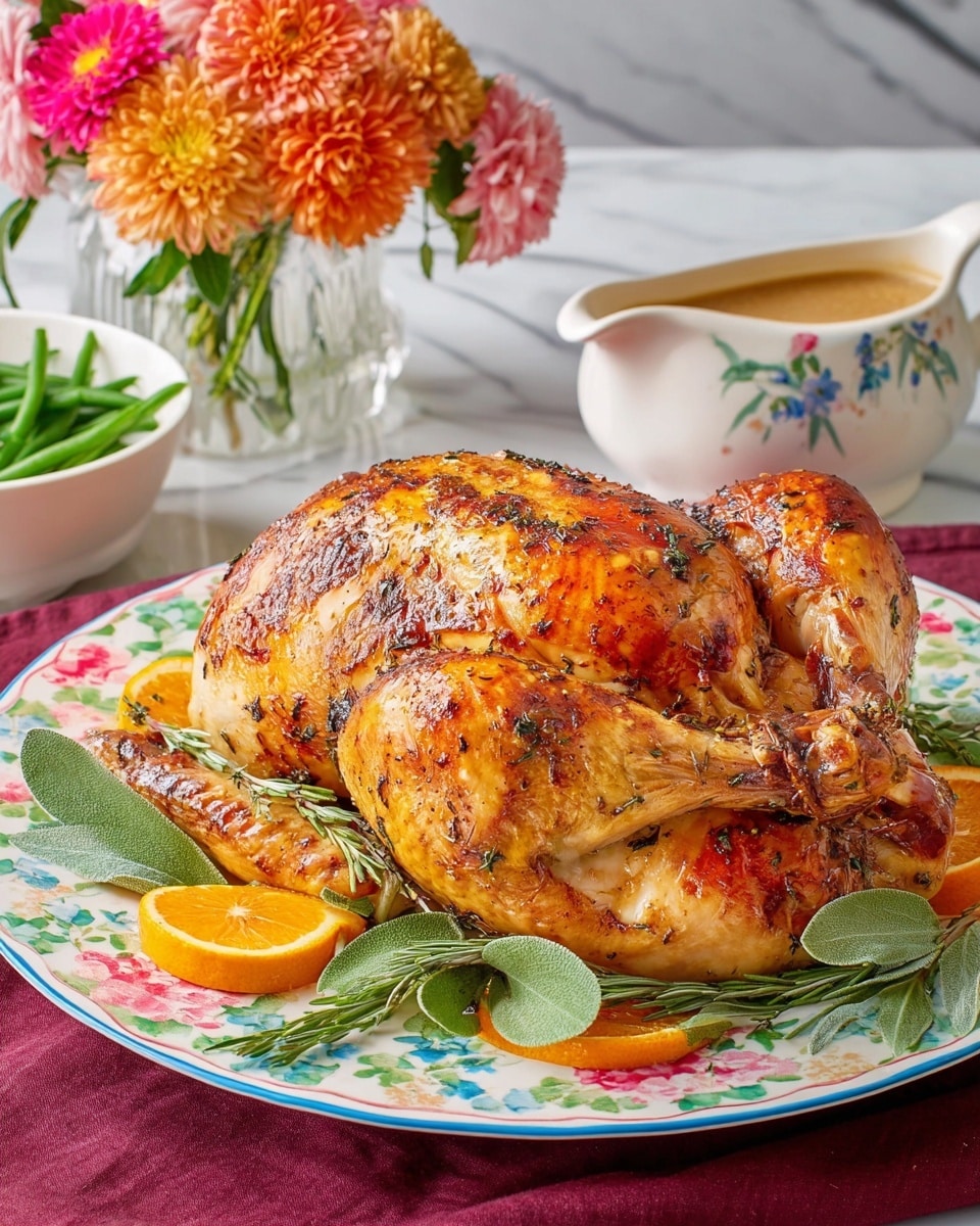 A whole roasted bird with shiny, golden-brown skin sits on a white plate with a black decorative pattern. The bird is the main layer, showing a smooth, slightly crispy texture. Around the base of the bird are thin orange slices and a few dark red berries, with green leaves placed on top of the orange slices for decoration. The white marbled surface is barely visible under the plate, and warm light from a fireplace in the background adds a cozy ambiance. photo taken with an iphone --ar 4:5 --v 7