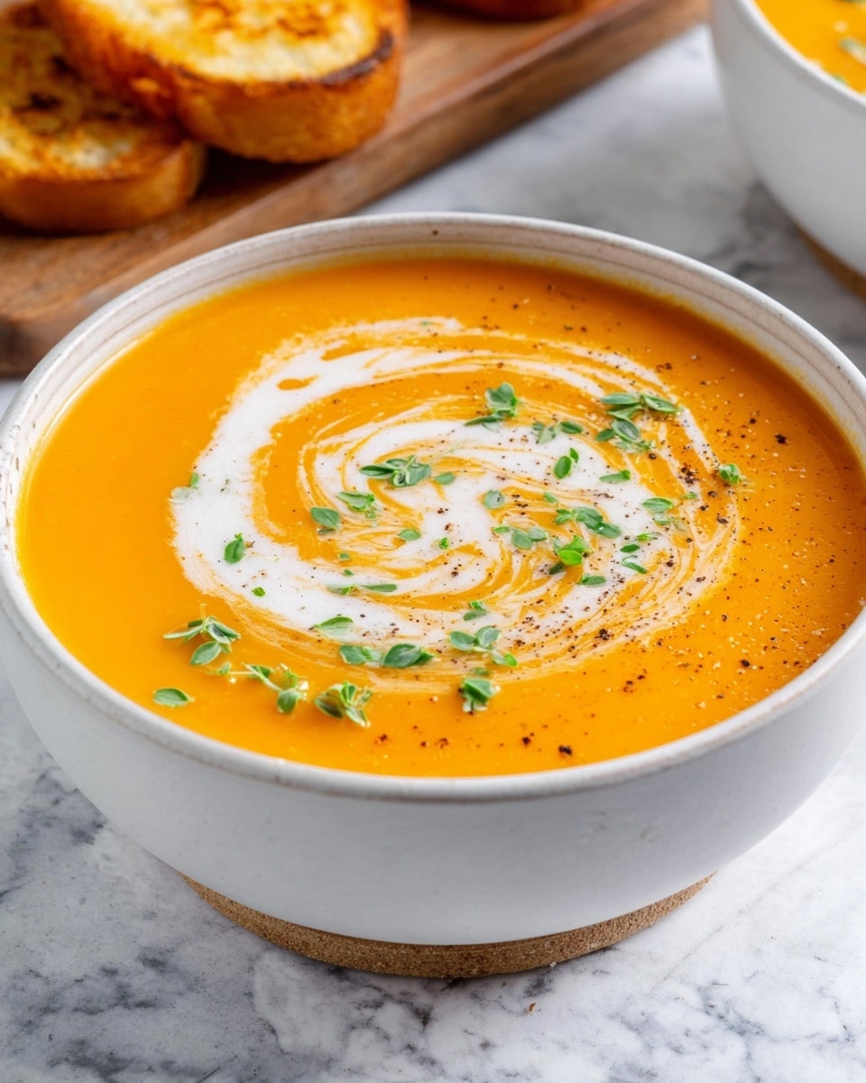 A white bowl filled with smooth orange tomato soup is centered on a white marbled surface. The soup has thin white cream swirls spread across the top, with a few small air bubbles visible in the cream. Several fresh green basil leaves rest on the surface, adding a pop of color and contrast. Small black specks of ground pepper are scattered across the soup. In the top left corner, a partial view of another white bowl with the same soup and cream design is visible, with a few basil leaves nearby. A soft beige cloth is placed in the bottom left corner. photo taken with an iphone --ar 4:5 --v 7
