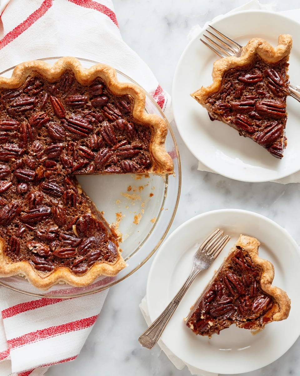 The image shows a clear glass pie dish holding a pecan pie with a light golden-brown crust that is wavy along the edges. The pie filling is a rich brown color and is topped with whole pecan halves arranged evenly on the surface. Two slices are cut from the pie, one placed on a white plate above the dish and the other on a second white plate at the bottom of the image. Both slices reveal the smooth, slightly shiny filling beneath the textured pecans. There are two silver forks next to the plates on a white marbled surface, along with a white cloth with red stripes partially underneath the pie dish. photo taken with an iphone --ar 4:5 --v 7