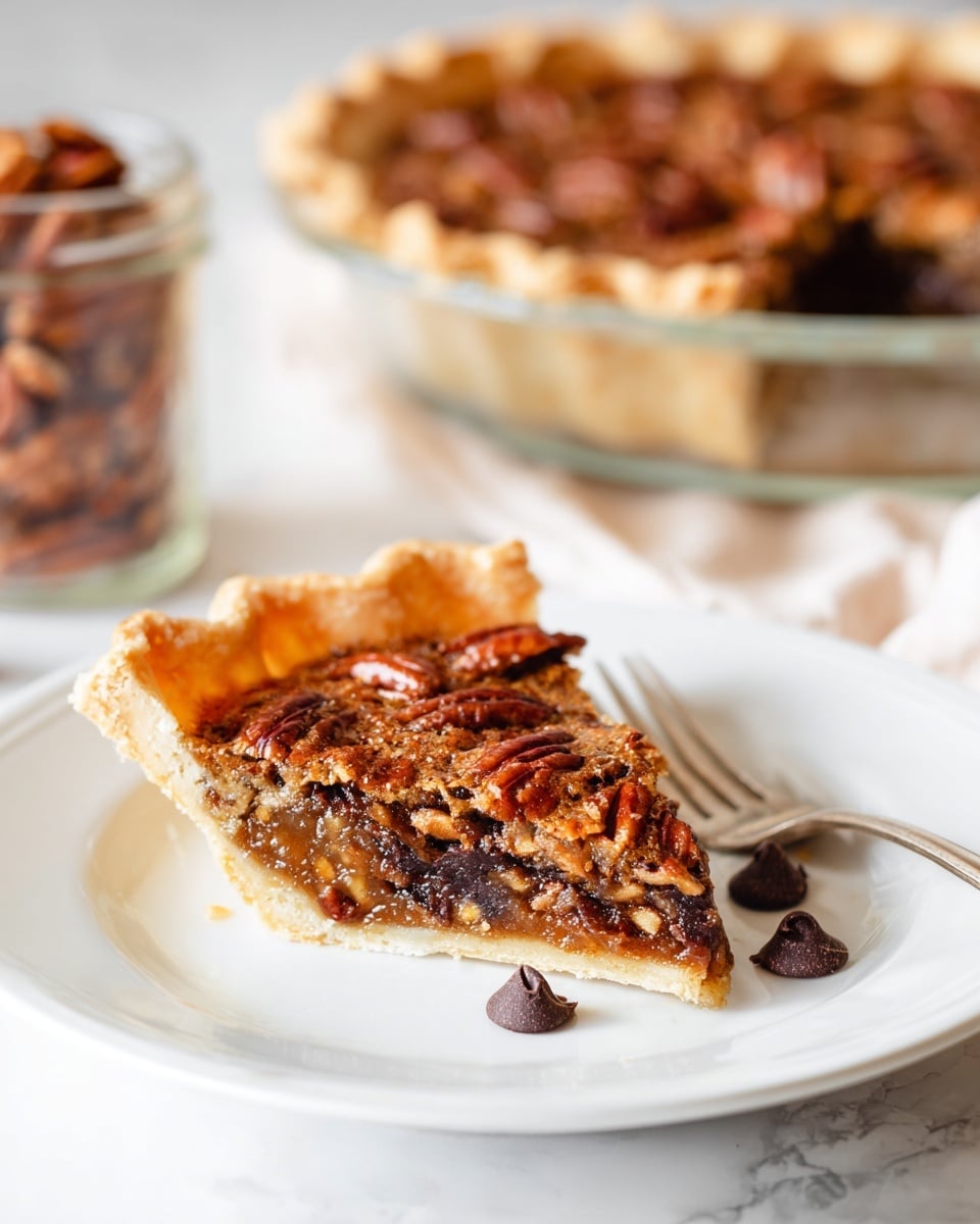 A slice of pecan pie on a white plate sits on a white marbled surface, showing three visible layers: a light golden crust at the bottom with a fluted edge, a thick middle layer of gooey, dark brown filling with bits of nuts, and a top layer of whole pecans with a shiny, caramelized texture and rich brown color. A bite-sized piece of the pie is held on a fork to the right side of the plate, and three small dark chocolate chips lie beside it. In the blurred background, the rest of the pie with several slices missing is seen in a clear glass pie dish alongside a glass jar of pecans. Photo taken with an iphone --ar 4:5 --v 7