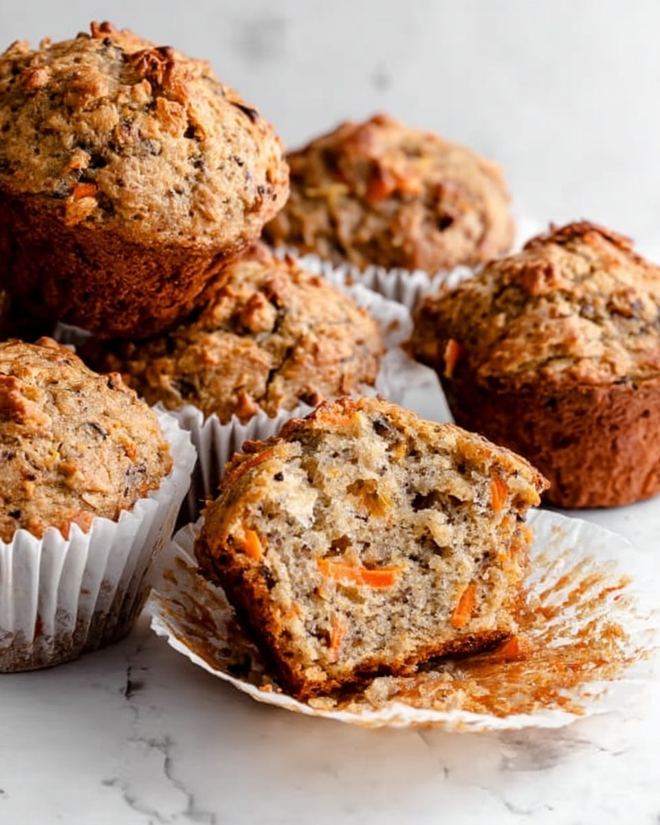 The image shows five muffins arranged on a white marbled surface, with one muffin in the front center clearly in focus. Each muffin has a golden brown top with a slightly rough and textured surface showing small dark spots, suggesting the presence of seeds or small fruit bits. The muffins are wrapped in brown paper liners with visible pleats, giving them a rustic look. The background is softly blurred, emphasizing the main muffin in the foreground, and the lighting highlights the warm and inviting tones of the muffins. photo taken with an iphone --ar 4:5 --v 7