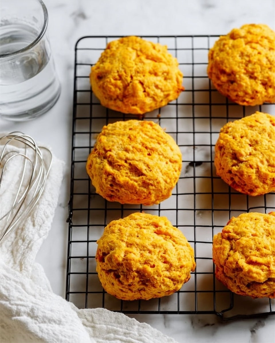 A clear glass container filled with several round, golden-orange biscuits with textured, rough surfaces. The biscuits show small, uneven lumps and a slightly crispy crust. The container has a red and clear plastic lid partially open, with a white label reading