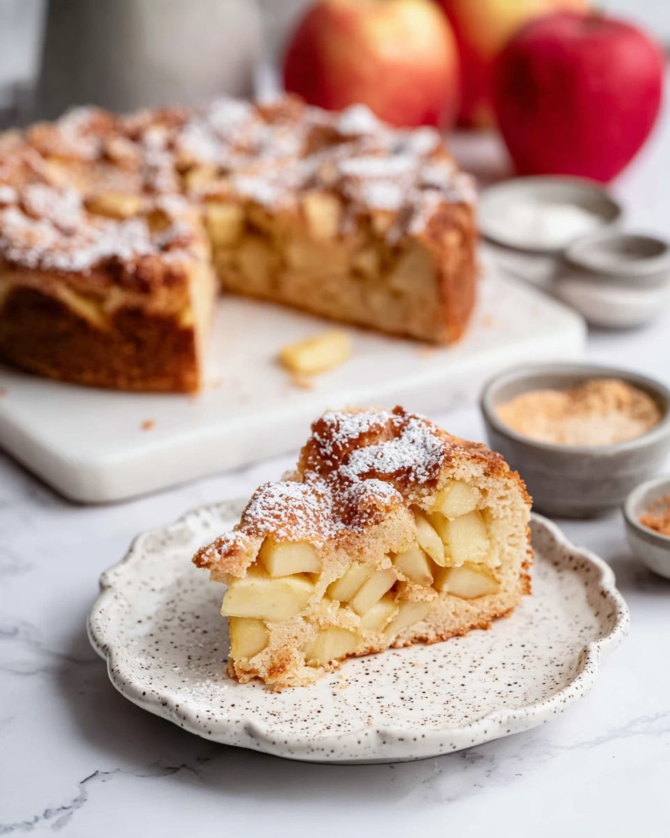A round apple cake in a dark round baking pan sits on a white marbled surface. The cake has one thick layer with a golden brown, slightly rough texture and pieces of pale green apple chunks spread evenly on top. Around the pan, there are red apples, a bowl of white flour, and a small bowl of sugar, all on the white marbled surface. Photo taken with an iphone --ar 4:5 --v 7