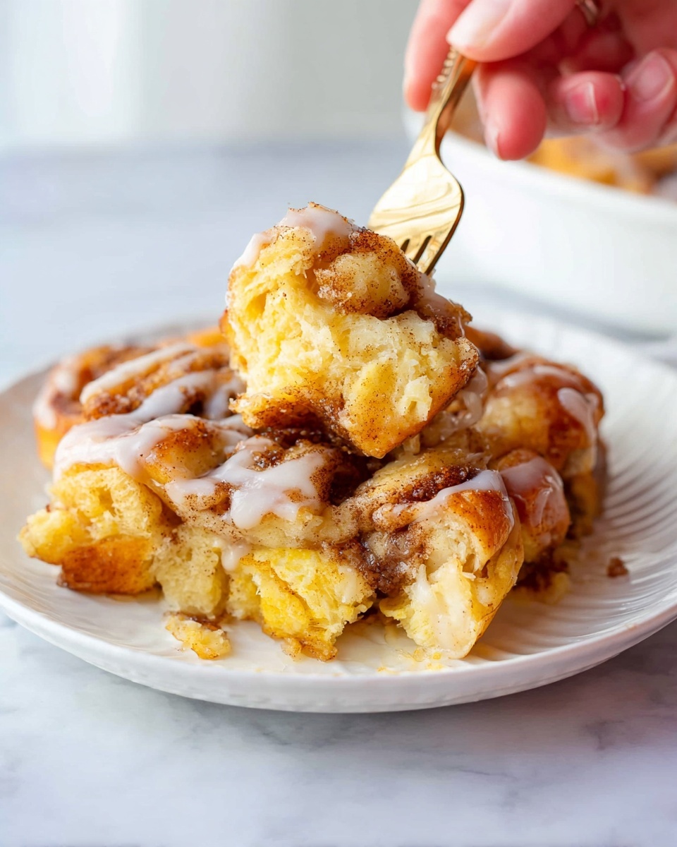 A white plate holds a warm cinnamon bread pudding with a rough, uneven top layer covered in a light drizzle of white icing. The dish shows soft, golden-brown pieces of bread soaked in custard, with visible swirls of cinnamon making dark, speckled patches throughout. A woman's hand holding a fork pulls up a fluffy piece, showing the inside’s moist, slightly spongy texture with hints of caramelized edges. The background is a white marbled surface, giving a clean and bright look. photo taken with an iphone --ar 4:5 --v 7