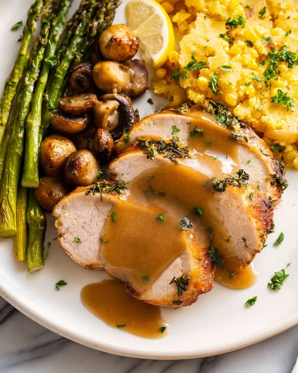 The image shows a white plate with three thick slices of cooked turkey covered with a thick brown gravy on top. Above the turkey are several roasted brown mushrooms and green asparagus spears, garnished with chopped herbs and a wedge of lemon. To the left side of the plate is a slightly crumbly yellow cornbread with some herbs mixed in. The plate is placed on a white marbled surface. Photo taken with an iphone --ar 4:5 --v 7