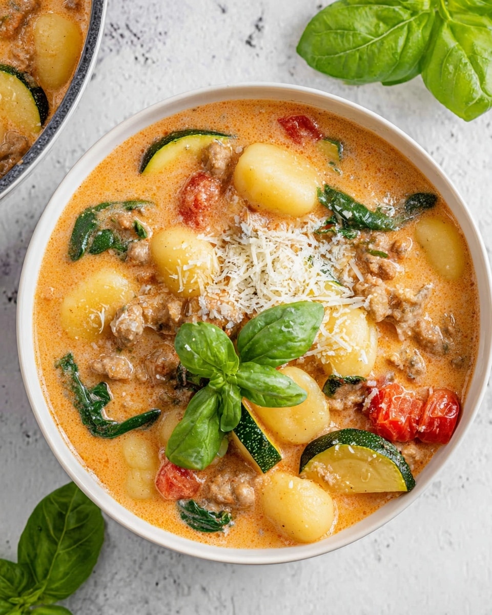 A white speckled bowl filled with a creamy stew-like dish made of light yellow gnocchi, green zucchini slices, red tomato pieces, cooked ground meat, and wilted spinach in a rich orange sauce. The top is sprinkled with white shredded cheese and garnished with a small bright green basil leaf in the center. The bowl is placed on a white marbled surface with a few fresh green basil leaves scattered nearby. Photo taken with an iphone --ar 4:5 --v 7