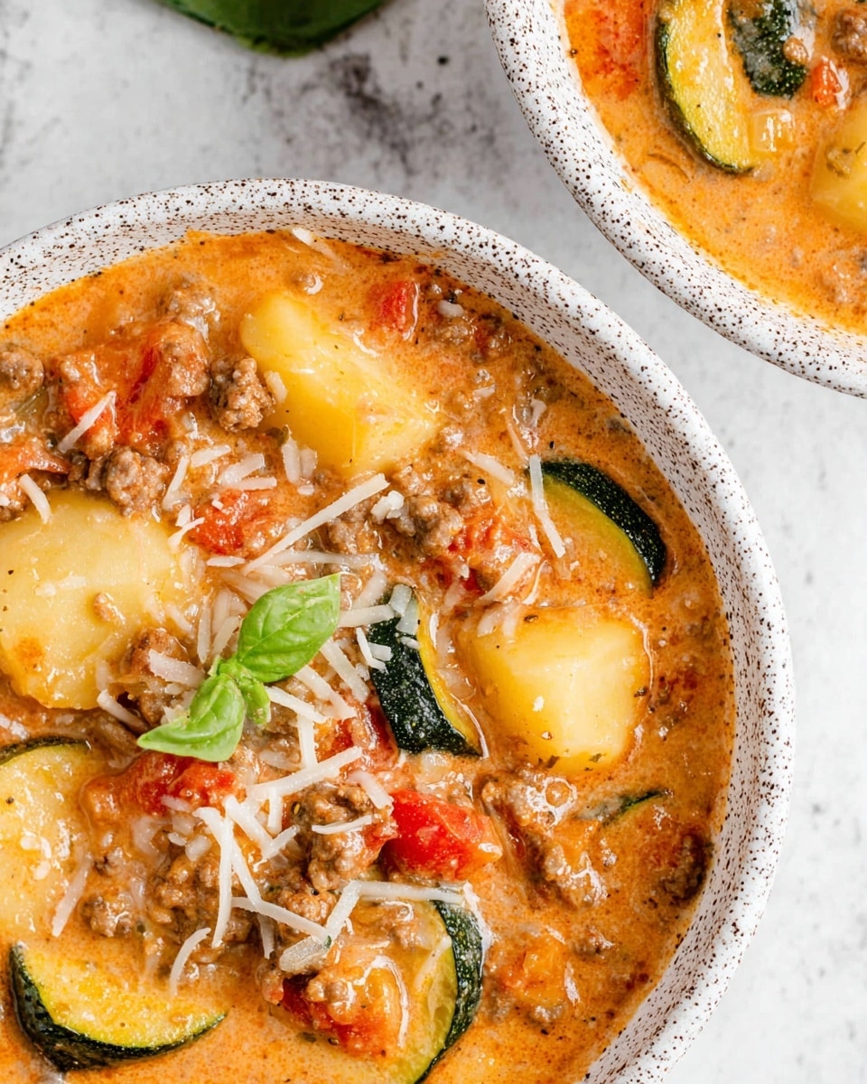 A white speckled bowl is filled with a thick, creamy orange sauce mixed with browned ground meat, chunks of light yellow gnocchi, sliced green zucchini with pale interiors, and small pieces of red tomato and green spinach leaves. The dish is topped with shredded white cheese scattered over the top. The bowl sits on a white marbled surface, with another bowl partly visible in the top right corner, showing the same dish. Photo taken with an iphone --ar 4:5 --v 7