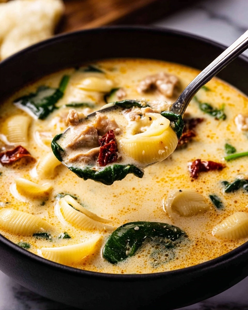 The dish shows a creamy soup in a black bowl placed on a white marbled surface. The soup has a light yellow, almost orange color with visible small bubbles and oil drops on the surface, giving it a thick texture. Inside the soup, there are white shell pasta pieces, green spinach leaves, small brown meat slices, and dark red sun-dried tomato pieces floating evenly throughout. A silver spoon is lifting a spoonful from the bowl, showing the mix of all these ingredients clearly. The background is softly blurred, focusing on the soup bowl and spoon. Photo taken with an iphone --ar 4:5 --v 7
