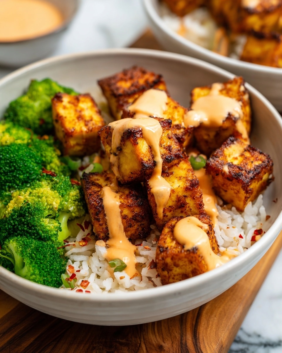 A bowl filled with three main layers is shown: the bottom layer has white rice with small bits of seasoning, the middle layer has thick, golden-brown grilled tofu cubes with dark spices on the edges, and the top layer is drizzled with a creamy light brown sauce. On one side of the bowl, there is a bunch of bright green broccoli florets. The bowl is white and rests on a white marbled surface with a slight wooden board underneath. Photo taken with an iphone --ar 4:5 --v 7