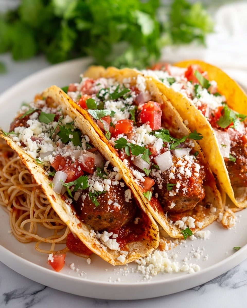 Three tacos are shown close up on a white plate over a white marbled surface. Each taco has a lightly golden, soft tortilla folded in half, holding a filling with several layers: the bottom layer is a nest of thin spaghetti with red sauce, topped with a few round brown meatballs coated in sauce. On top, there are chopped bright red tomato pieces, small white onion chunks, and green cilantro leaves scattered over everything. A light dusting of fine white cheese is sprinkled across the tacos. Photo taken with an iphone --ar 4:5 --v 7