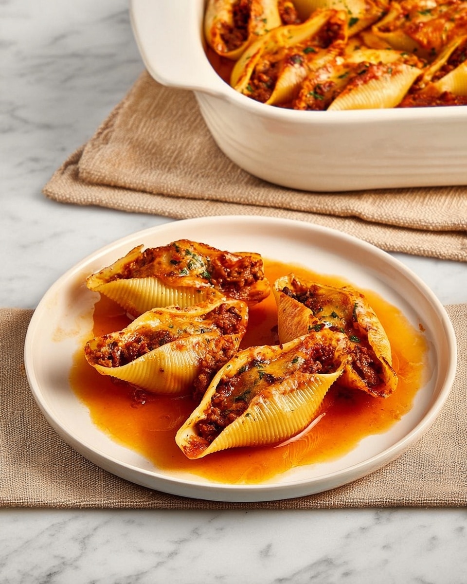 A white plate holds three large pasta shells filled with a brown, meaty filling, each shell coated lightly with a melted, light yellow cheese. The shells rest in a pool of orange-red sauce that spreads unevenly across the plate. In the background, a white rectangular baking dish contains more stuffed shells, and both are set on a white marbled surface. photo taken with an iphone --ar 4:5 --v 7