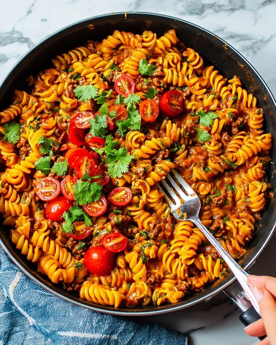 A large black pan filled with a single layer of spiral pasta coated in a reddish-orange sauce, mixed with small pieces of browned meat and sprinkled with chopped green herbs. In the center, there is a ring of sliced red cherry tomatoes with visible seeds, placed on a melted layer of orange cheese. Several fresh green herb leaves are scattered around the tomatoes and pasta on top. A woman's hand holds a silver fork at the right edge, twirling some pasta. The pan sits on a white marbled surface with a striped cloth partially visible on the left side. Photo taken with an iphone --ar 4:5 --v 7