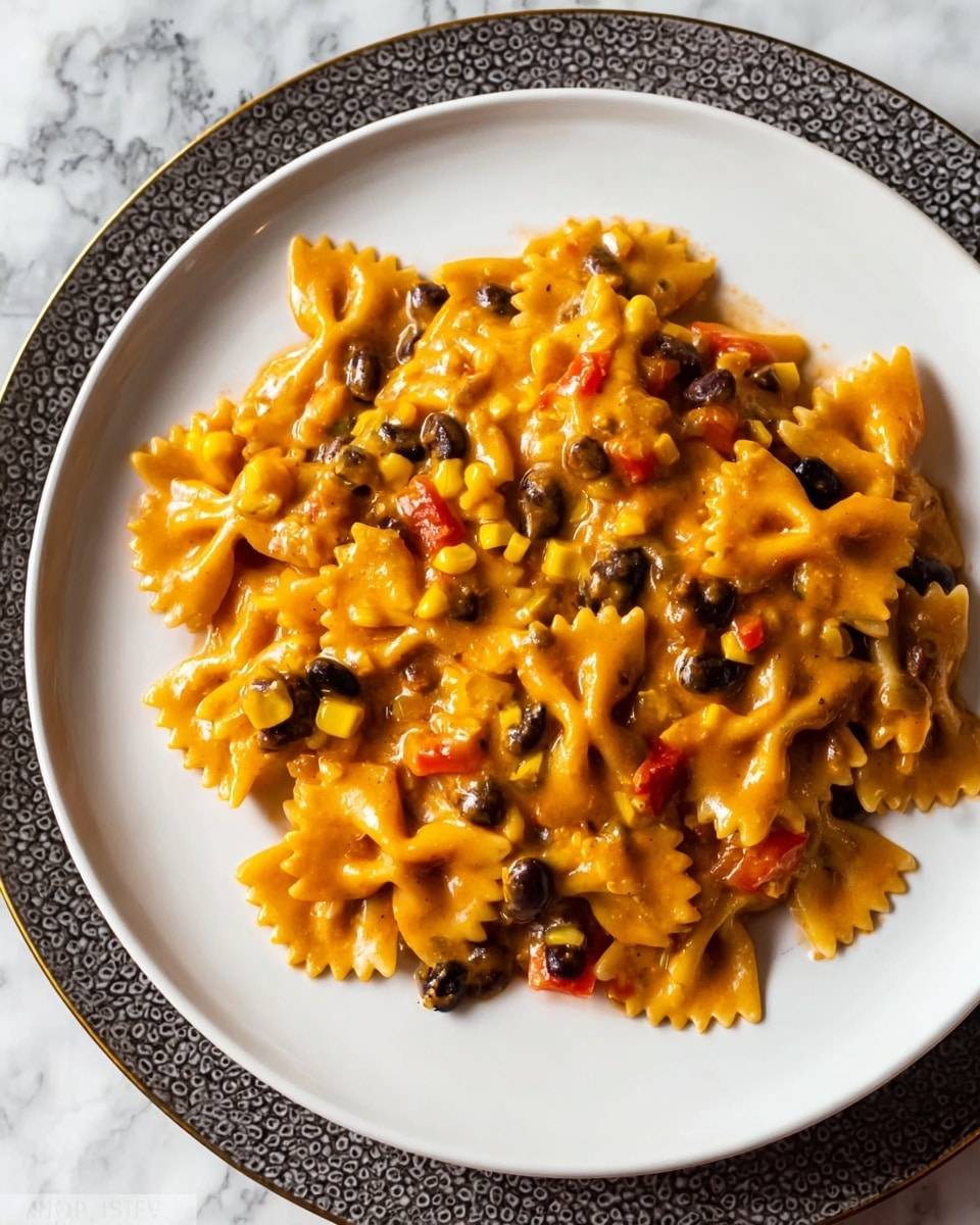 A close-up view of a white plate filled with farfalle pasta mixed in a creamy orange sauce, topped with black beans and yellow corn kernels evenly spread across the dish. The farfalle pasta pieces are visible underneath the thick sauce with some pieces showing their distinct butterfly shape and the sauce clinging to them. Small pieces of tomatoes can also be seen throughout the sauce adding more color contrast. The plate rests on a dark round charger, placed on a white marbled surface. Photo taken with an iphone --ar 4:5 --v 7