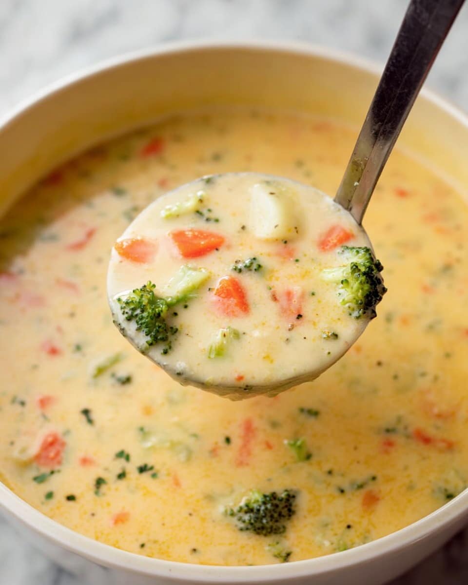 The image shows a close-up of a ladle holding thick creamy soup above a white bowl. The soup is pale yellow with visible small pieces of bright green broccoli, orange carrot slices, and white potato chunks mixed inside. The soup looks smooth but chunky with bits of vegetables spread evenly. The background shows more soup in the bowl, set on a white marbled surface. photo taken with an iphone --ar 4:5 --v 7
