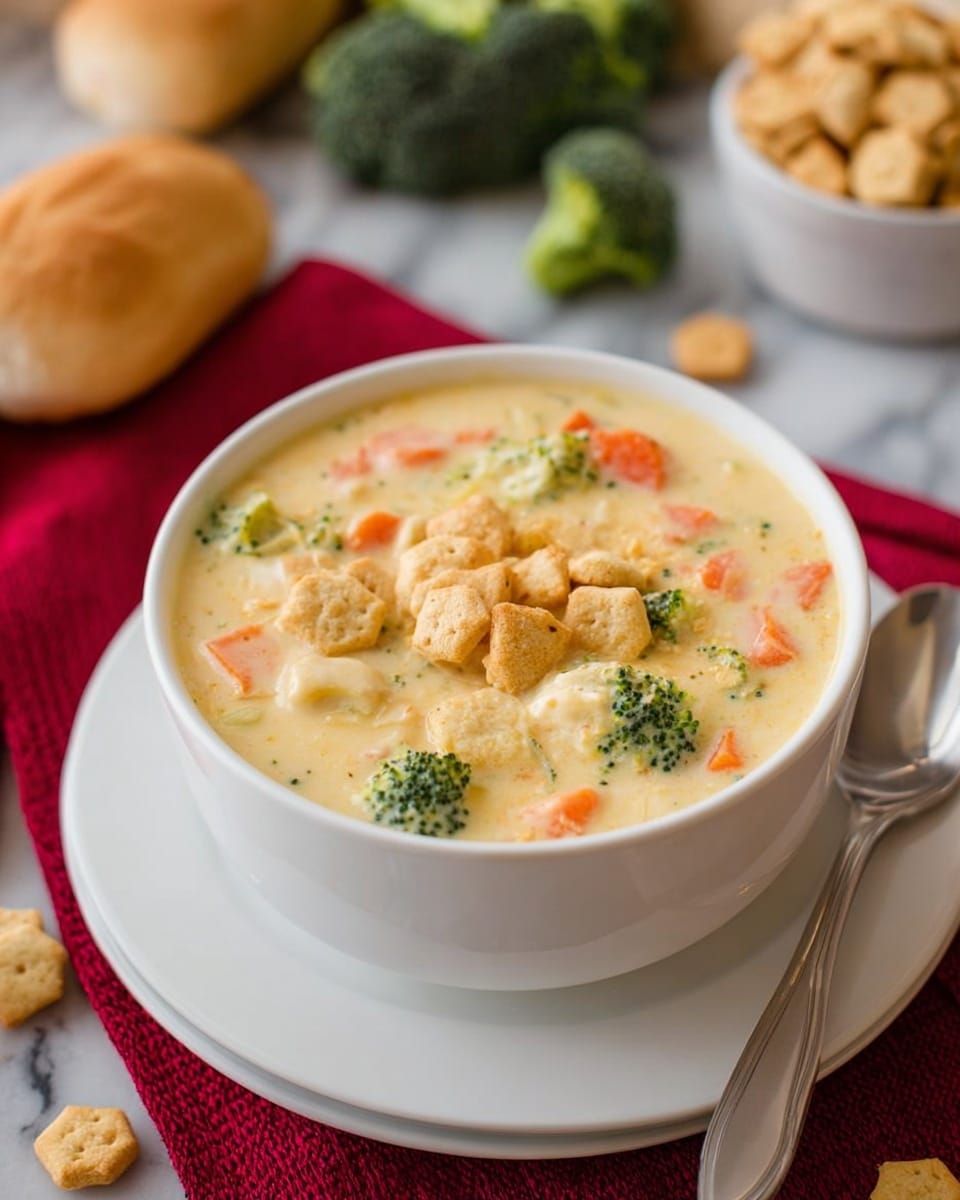 A white bowl filled with creamy soup showing a soft yellow color with visible green broccoli pieces and orange carrot chunks inside. The soup is topped with a cluster of small, hexagon-shaped golden crackers sitting near the center. The bowl rests on a white plate placed on a white marbled surface. Next to the bowl is a silver spoon angled outwards and two small bread rolls, one whole and one torn, with carrot sticks and broccoli florets blurred in the background. Cracker pieces are scattered around the plate photo taken with an iphone --ar 4:5 --v 7