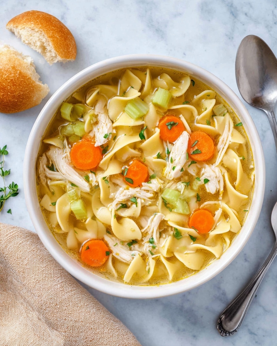 A white bowl filled with chicken noodle soup shows three main layers: the bottom layer is light brown broth with small bubbles, the middle layer has yellow curly egg noodles spread throughout, and the top layer features shredded white chicken pieces, bright orange carrot slices, pale green celery slices, and small green herb leaves scattered on top. The bowl sits on a white marbled surface with two silver spoons and a beige cloth napkin near it. Two pieces of torn white bread rest to the right of the bowl. photo taken with an iphone --ar 4:5 --v 7