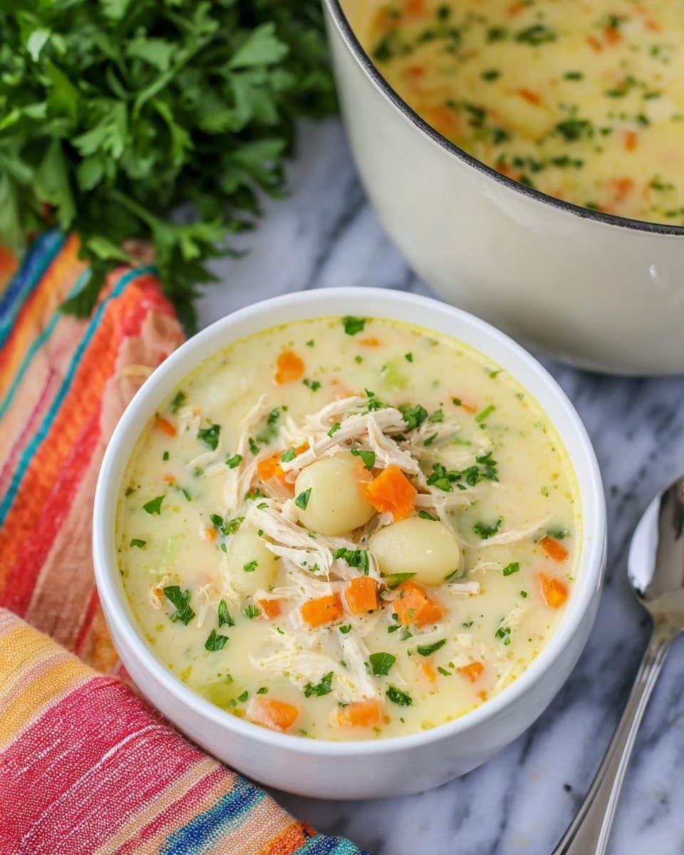 A white bowl filled with creamy soup showing soft, pale yellow gnocchi, small orange carrot cubes, shredded light pink chicken, and sprinkled green herbs on top, with the creamy broth holding everything together; in the corner, a white pot with a white handle contains more soup and rests on a colorful striped cloth, and fresh green parsley is placed on a white marbled surface beside a silver spoon. photo taken with an iphone --ar 4:5 --v 7