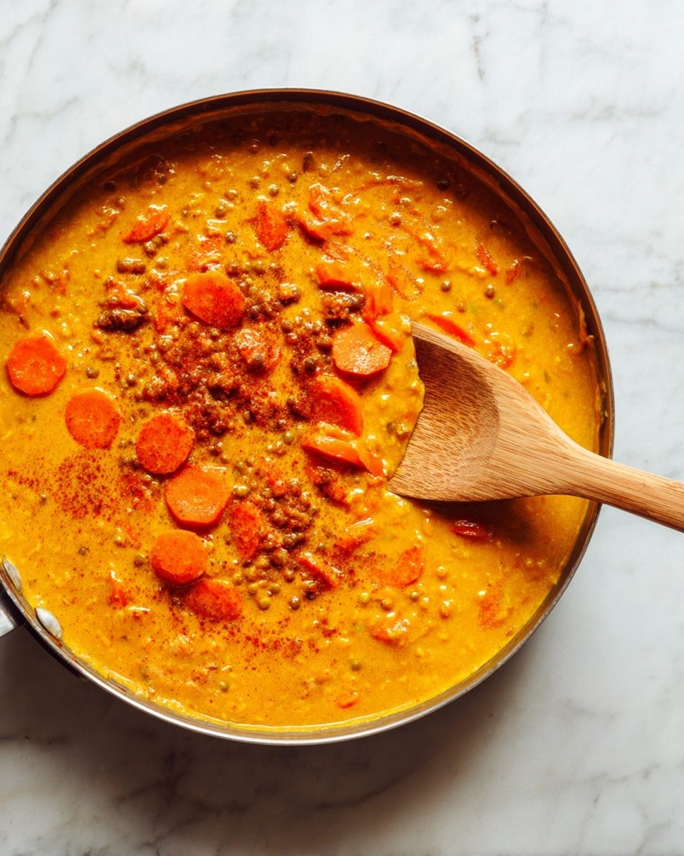 A close-up view of a pan filled with thick yellow lentil stew mixed with orange carrot slices and small bits of vegetables. The stew appears creamy with a slightly textured surface showing grains and carrot pieces softly immersed. There is a light sprinkle of reddish-brown spice powder scattered over the top, adding contrast to the dish. A wooden spoon rests inside the pan partly submerged in the stew, with a woman's hand holding the spoon handle. The pan sits on a white marbled surface, creating a clean and simple background. photo taken with an iphone --ar 4:5 --v 7