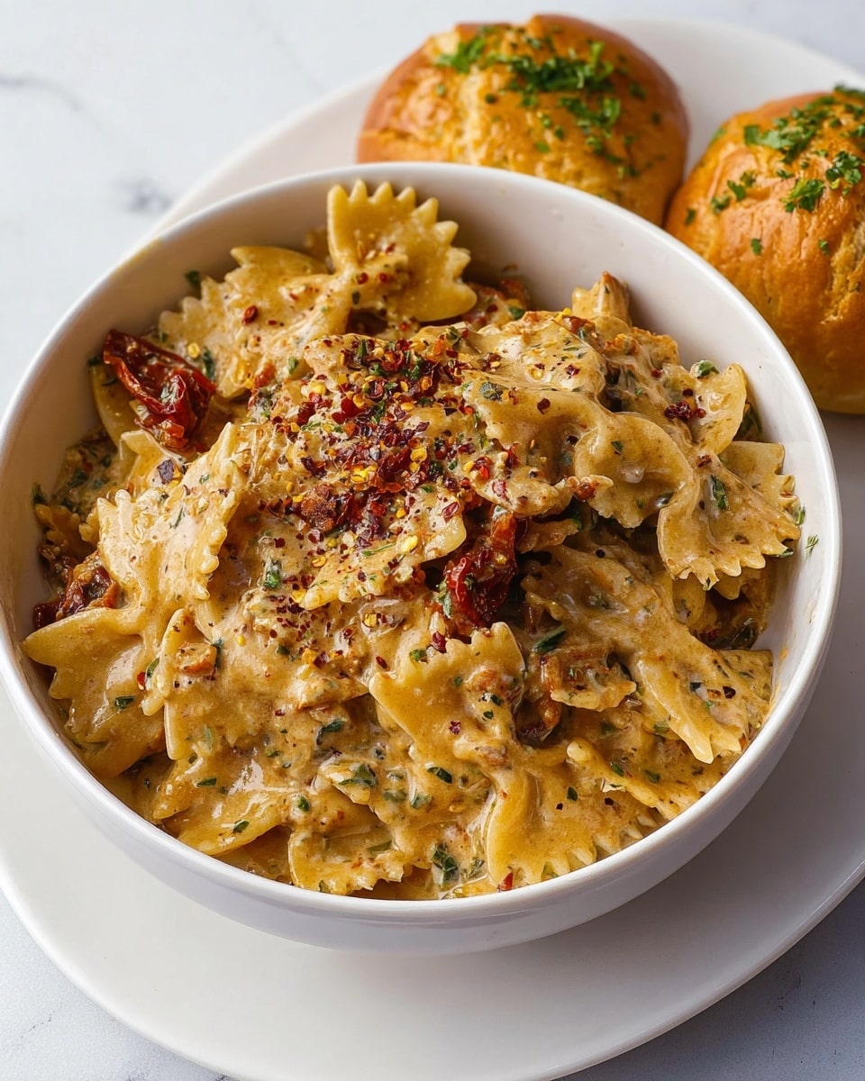 The image shows a white bowl filled with creamy pasta. The pasta is covered in a thick, light orange sauce with visible herbs and small red spices sprinkled on top. The pasta shapes are varied, including short tubes and ridged edges, layering together with the sauce creating a rich and smooth texture. A few small green leaves add a touch of color contrast in the middle. The bowl sits on a white marbled surface. photo taken with an iphone --ar 4:5 --v 7