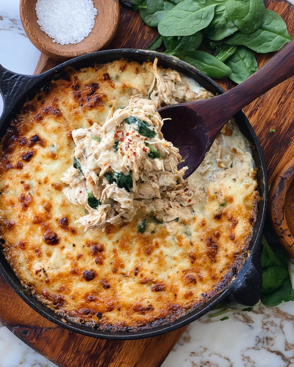 A round skillet filled with a thick dish showing a top layer of golden brown melted cheese with some darker browned spots, under this top layer there are visible bits of green herbs and small pieces of red vegetables mixed within the creamy textured base, the edges of the dish have a slightly crispy cheese crust. The skillet sits on a wooden board over a white marbled surface, with a brown bowl filled with white crackers partially visible on the side. Photo taken with an iphone --ar 4:5 --v 7