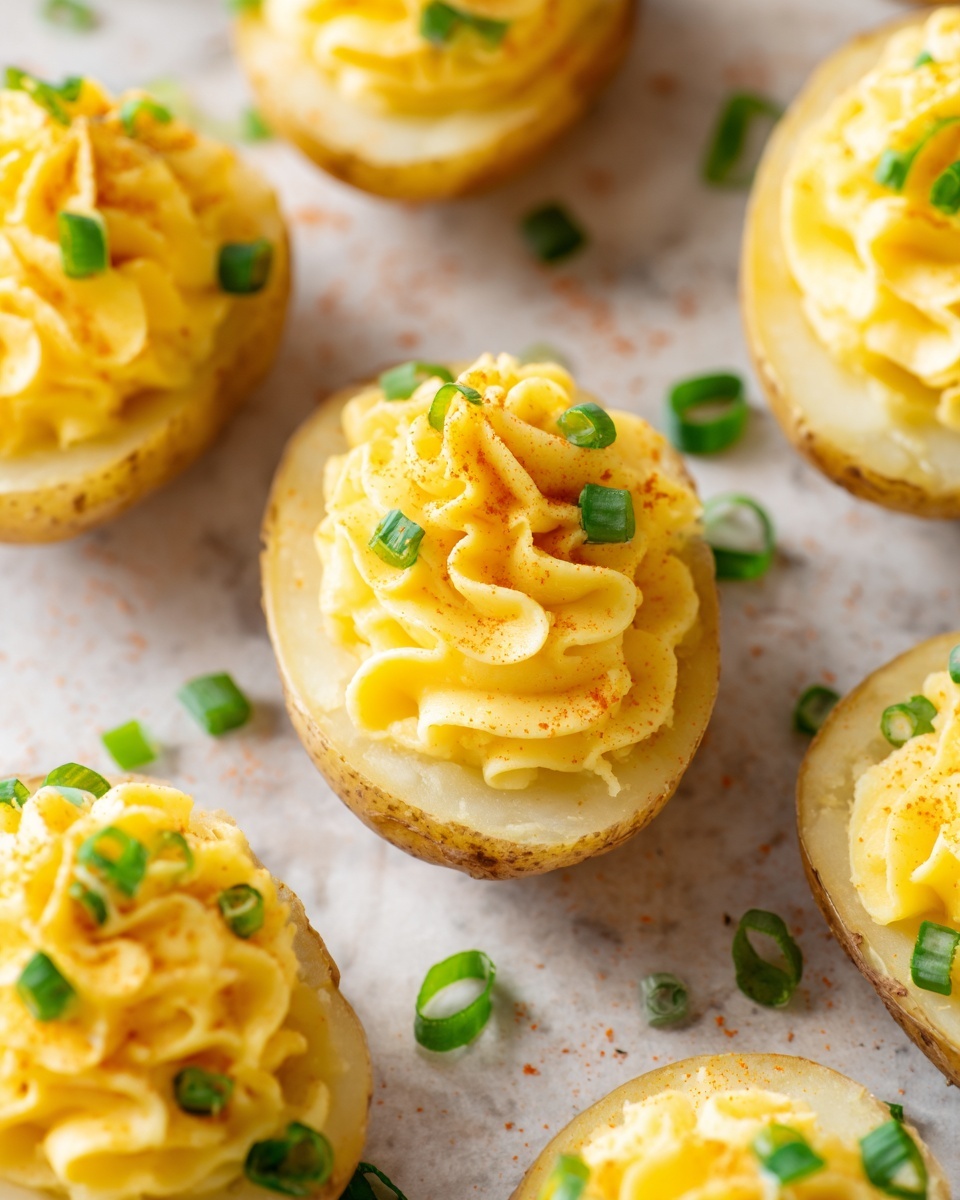 The image shows several potato halves arranged close together on a white marbled surface. Each potato half has three layers: the bottom layer is the golden-yellow potato skin and flesh with a smooth texture, the middle layer is a light yellow creamy filling that is piped in a soft swirl pattern, and the top layer is small pieces of fresh green onion scattered on the cream. The potatoes are placed directly on the surface without any plate or bowl visible. The lighting is bright, making the colors look fresh and inviting. photo taken with an iphone --ar 4:5 --v 7