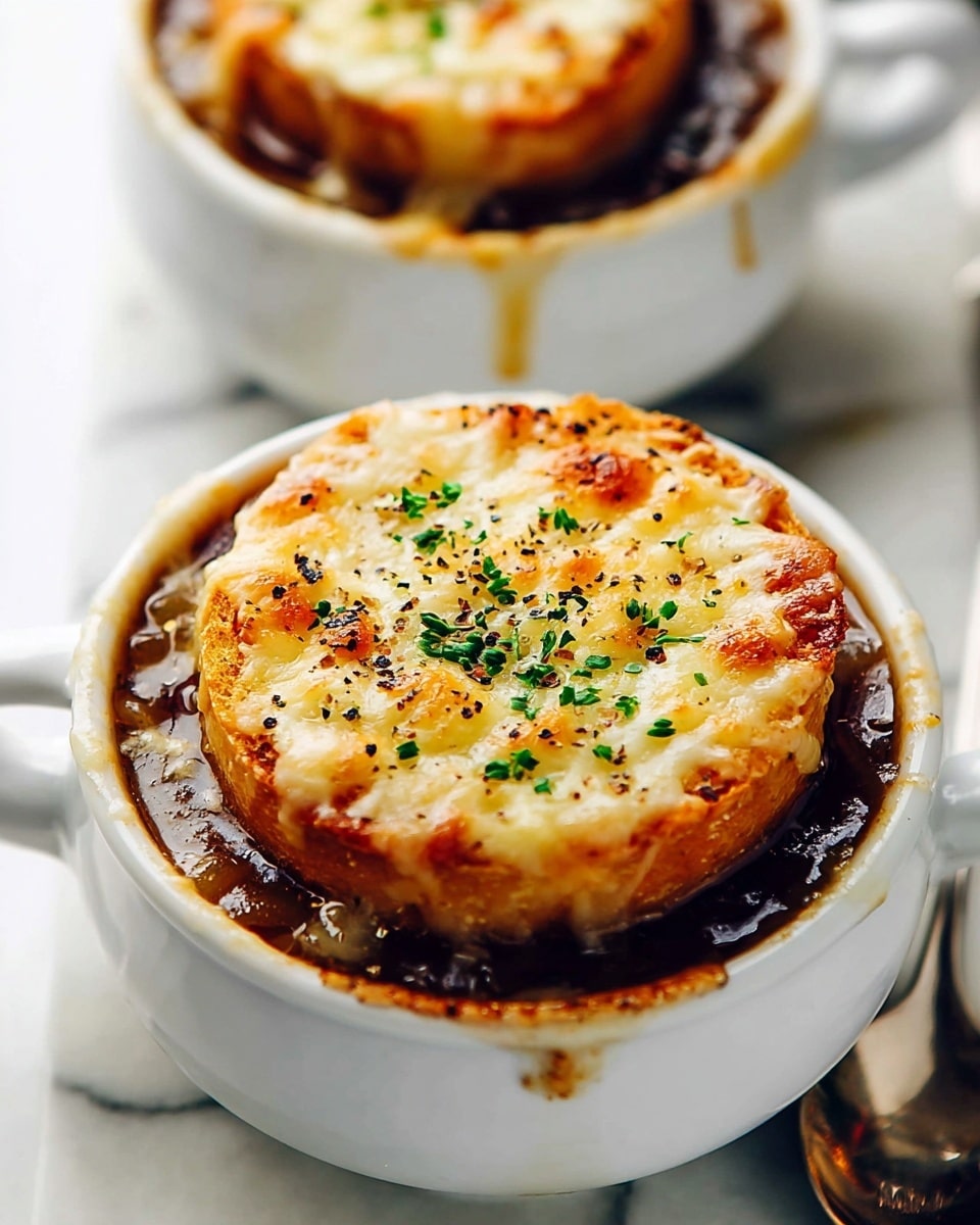 The image shows white round cups filled with dark brown onion soup. Each cup has one golden brown toasted bread slice on top, covered with a thick layer of melted cheese that is slightly browned. The melted cheese has small crispy spots and is sprinkled with fresh green herb leaves and black pepper. The cups are placed on a white marbled surface with a spoon nearby. The photo taken with an iphone --ar 4:5 --v 7