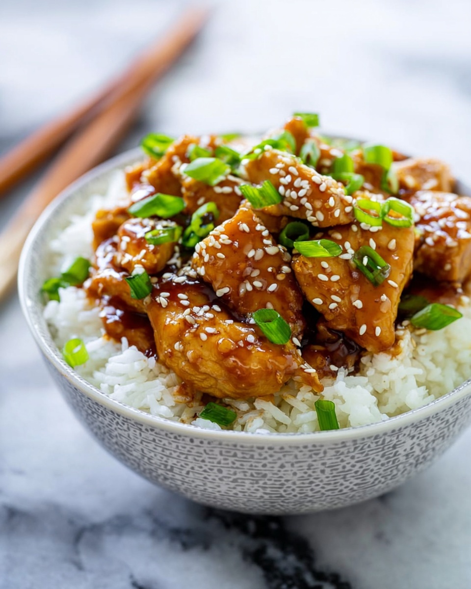 A white bowl filled with a base layer of fluffy white rice, topped with several glossy pieces of golden-brown chicken coated in a thick, shiny sauce. The chicken pieces are sprinkled with small white sesame seeds and bright green chopped scallions, adding a fresh pop of color. The background shows a white marbled surface, with a striped cloth and chopsticks slightly blurred behind the bowl. Photo taken with an iphone --ar 4:5 --v 7